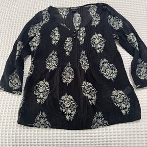Lucky Brand Women's Blouse Small Black Floral Peasant Boho Relaxed